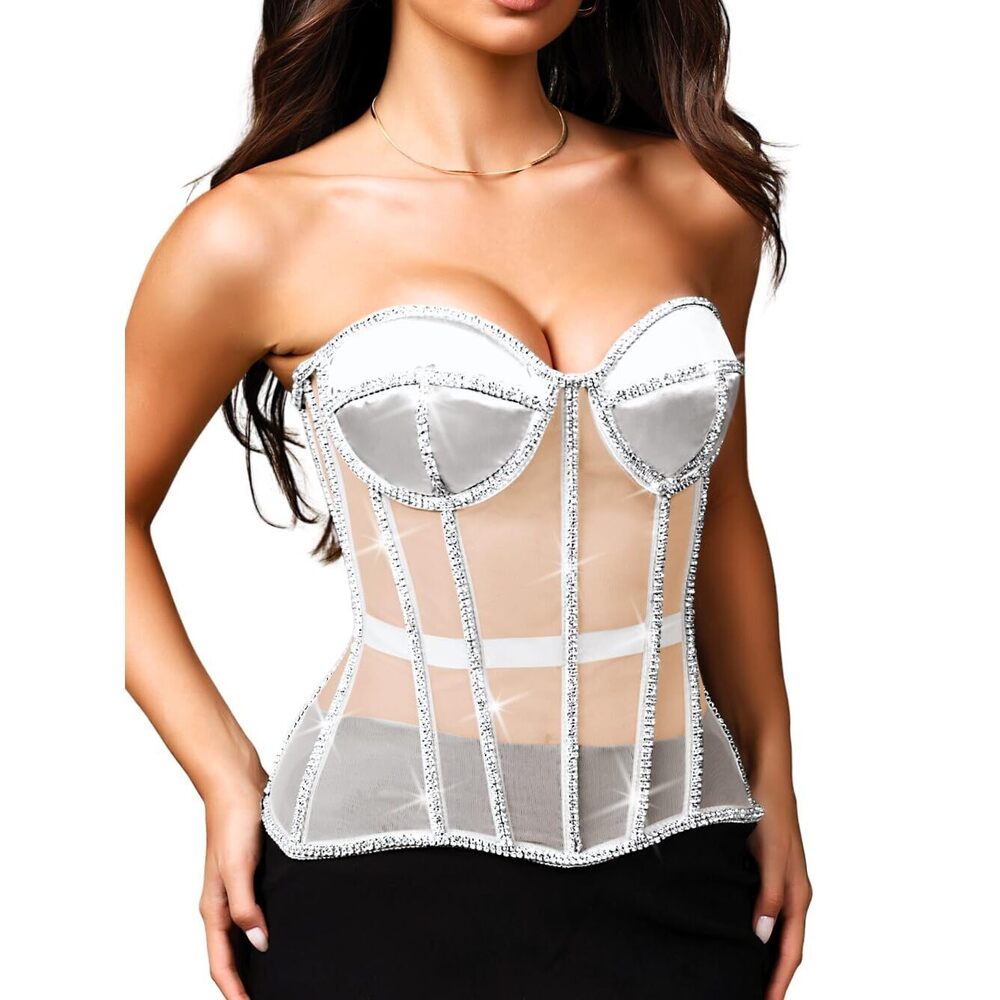 7615 Rhinestone Sheer Mesh Corset,Elegant Strapless Lace Up Corsets,Glitter